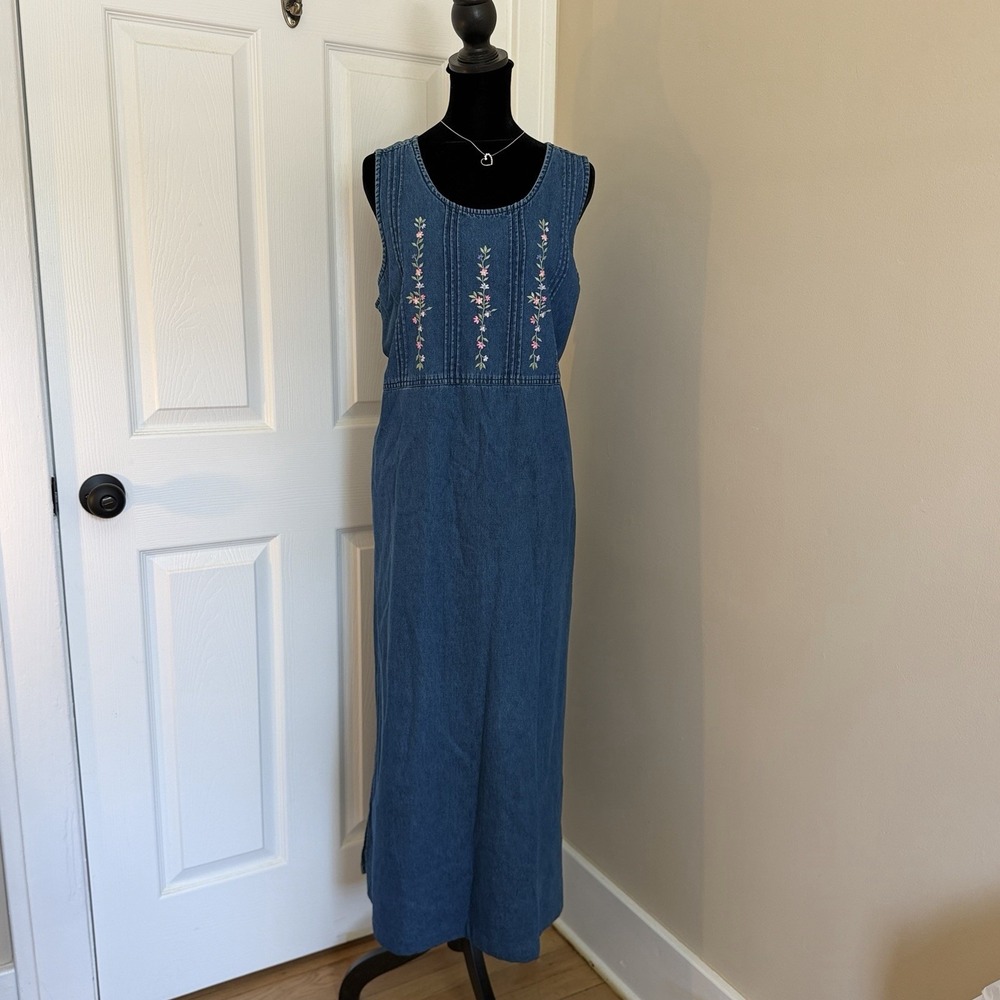 VTG Denim Floral Embroidered Cottage Grannycore Sleeveless Maxi Dress (XL) 90s